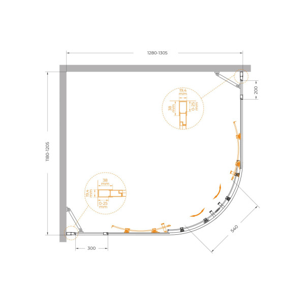 Душевой уголок Cezares Molveno 130x120x195 стекло прозрачное, профиль брашированное золото (MOLVENO-RH-22-130/120-C-BORO-IV)