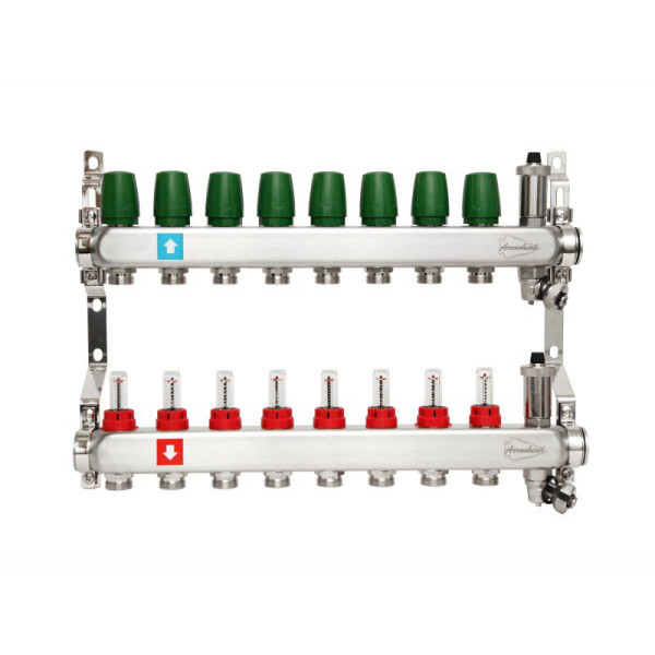 Коллекторная группа 8 отводов 1"х3/4" Arrowhead с расходомерами, дренажом и воздухоотводчиком нерж.сталь (CS-550-08)