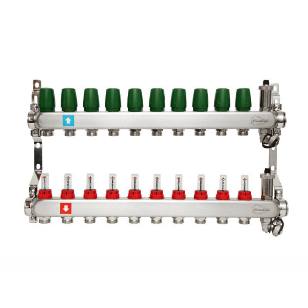 Коллекторная группа 10 отводов 1"х3/4" Arrowhead с расходомерами, дренажом и воздухоотводчиком нерж.сталь (CS-550-10)