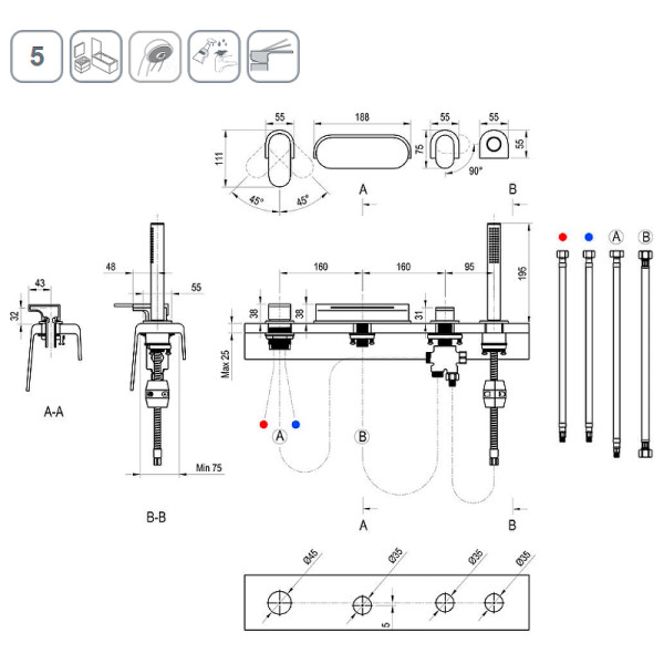 Смеситель для ванны и душа Ravak врезной каскадный CR 025.20BL черный (X070445)