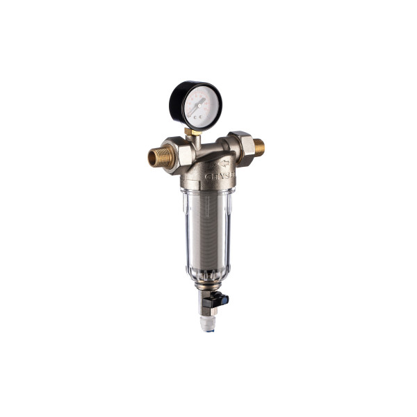 Фильтр с манометром самоочищающийся Гейзер-Бастион 112 1/2" (прозрачный корпус, со сгонами) (32670)