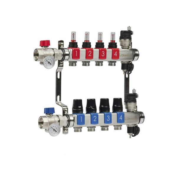 Коллекторная группа 4 отвода 1"*3/4"(18) ЕК с расходомерами Okseler (нерж.ст) с автоматическими воздухоотводчикоми и шаровыми кранами с термометрами (