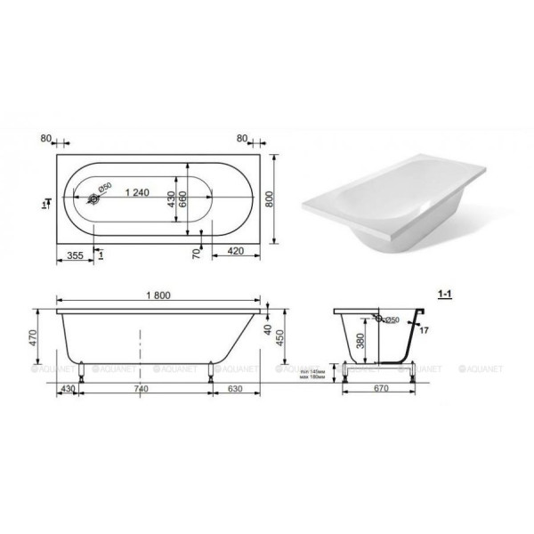 Ванна из искусственного камня Aquanet lotos Stone 180x80 белая (332894)