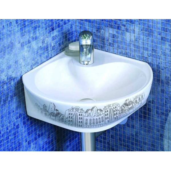 Раковина детская угловая Оскольская керамика Радуга 350х350х140 декор город