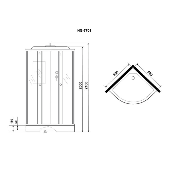 Душевая кабина 90x90 стекло прозрачное, профиль хром матовый (NG-7701M)