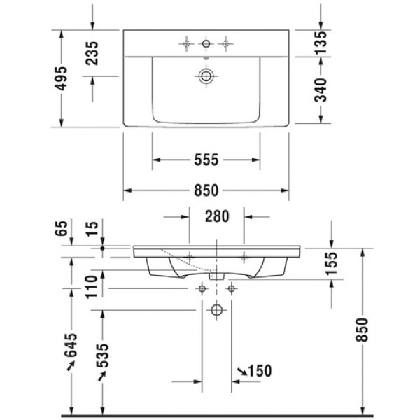 Раковина накладная Duravit P3 Comforts 85х49 (2332850000)