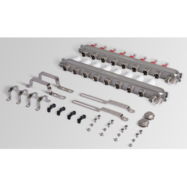 Коллекторная группа 8 отводов 1"*3/4"(18) ЕК с расходомерами Okseler (нерж.ст) с дренажным краном и краном Маевского (Oks00318)