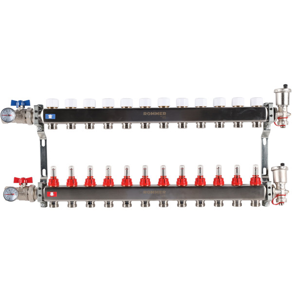 Коллекторная группа Rommer 12 отводов 1"x3/4" в сборе с расходомерами (нерж.сталь) (RMS-1210-000012)