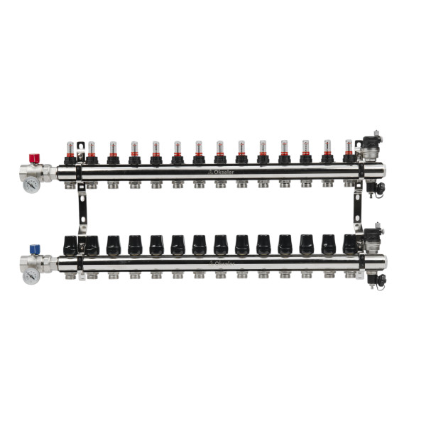 Коллекторная группа 14 отводов 1"*3/4"(18) ЕК с расходомерами Okseler (латунь) с автоматическими воздухоотводчикоми и шаровыми кранами с термометрами