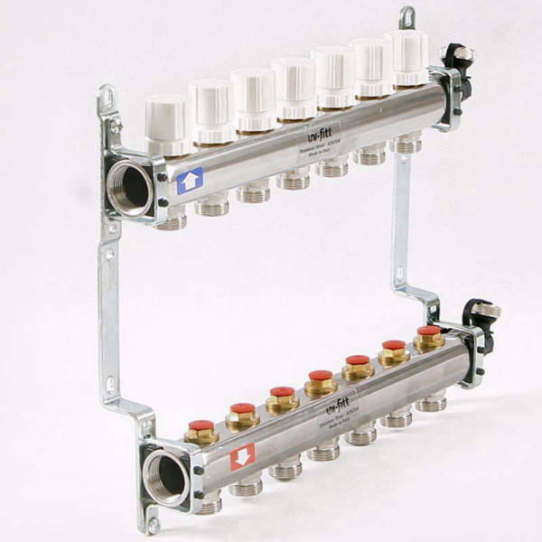 Коллекторная группа Uni-Fitt 7 отводов 1"х3/4" с балансировочными и термостатическими вентилями нерж. сталь Коллекторная группа Uni-Fitt 7 отводов 1"х3/4" с балансировочными и термостатическими вентилями нерж. сталь