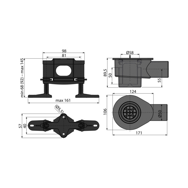 Сифон Alcaplast DN50 и комплект регулируемых ног для модулярного желоба APZ13 высокий 58 л/мин (APZ-S12)