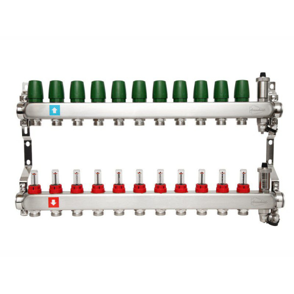 Коллекторная группа 11 отводов 1"х3/4" Arrowhead с расходомерами, дренажом и воздухоотводчиком нерж.сталь (CS-550-11)