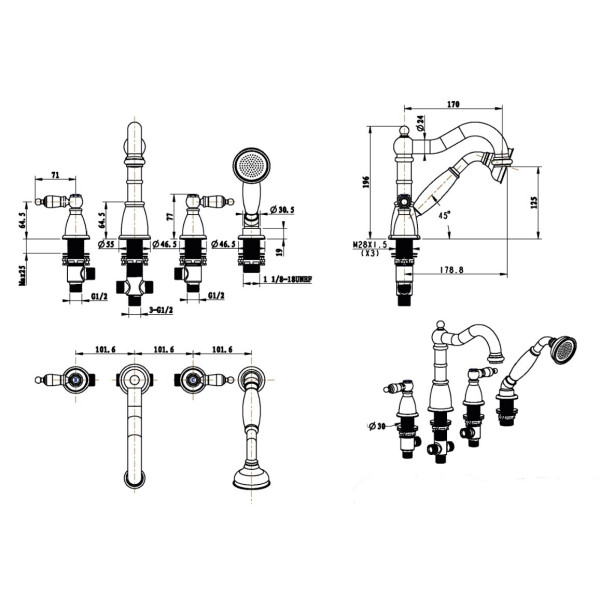 Смеситель на борт ванны Boheme Royal Cristal G (золото) (395-Royal/CRST black)
