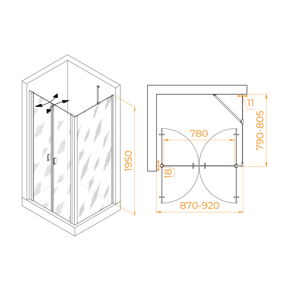 Душевой уголок RGW PA-144 (PA-104+Z-050-2+O-204) 900x800 стекло прозрачное, профиль хром (060814498-11)