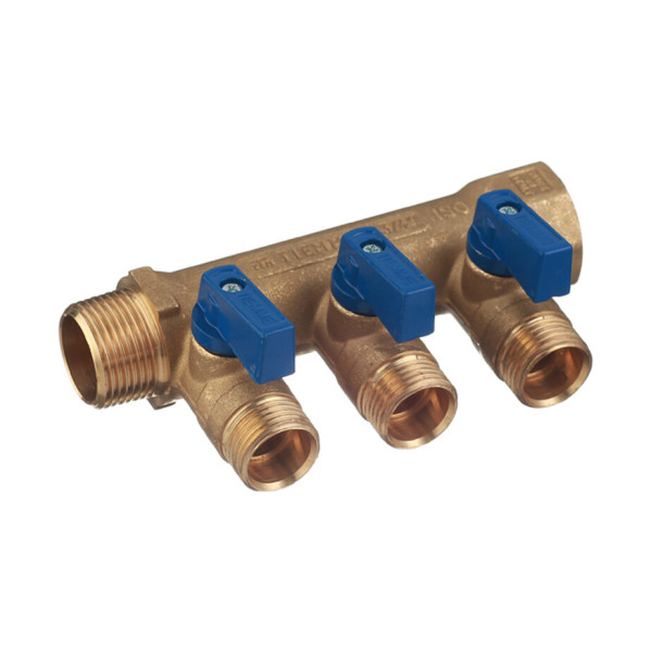 Коллектор 3 отв. с шар. клапанами Tiemme 3/4"*1/2"(16) (латунь) синие ручки (1820035)