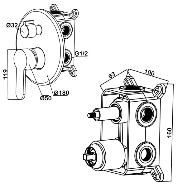 Смеситель для ванны и душа Swedbe Platta встраиваемый с верхним душем и повортн.изливом хром (5542)