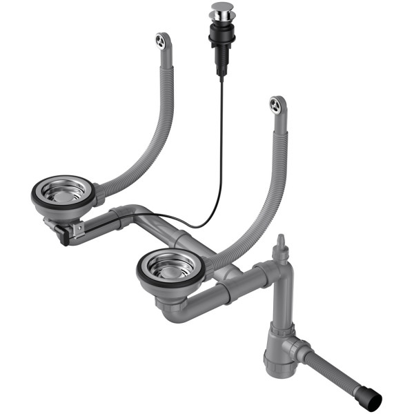 Сифон для двухчашевых моек Omoikiri с круглыми переливами и клапаном-автомат WK-2-R-IN-A сталь нержавеющая (4956506)