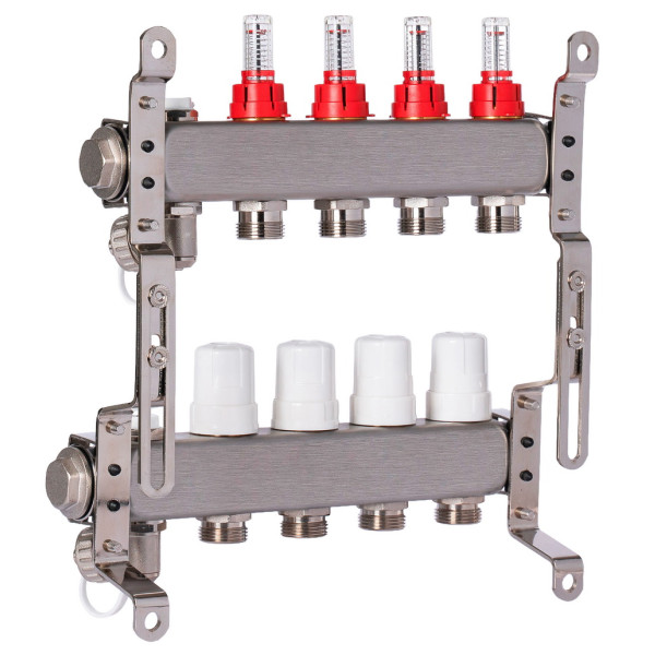 Коллекторная группа 4 отвода 1"*3/4"(18) ЕК с расходомерами Okseler (нерж.ст) с дренажным краном и краном Маевского (Oks00314)