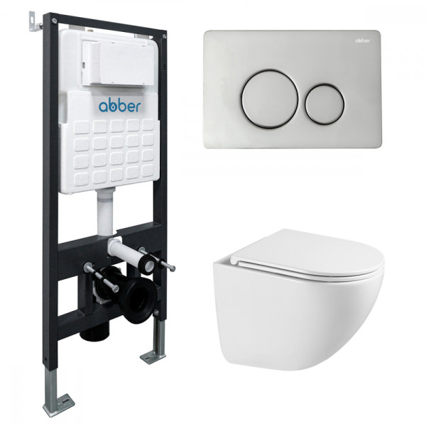 Комплект подвесной унитаз Abber Bequem AC1131TC белый, с закрытым дном с инсталляцией AC0105 и кнопкой AC0121 хром глянцевый (AC1131TC-AC0105-AC0121)