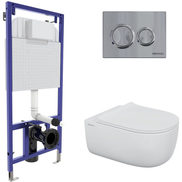 Комплект инсталляция с унитазом Berges Novum525 c с кнопкой O3 хром глянец, унитаз EGO XL Rimless, сиденье Okus Slim SO (043302)