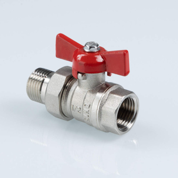 Кран 1 1/4" шаровый со сгоном Valtec Стандарт никелированный (ГОСТ, красная бабочка) VT.127.N.07