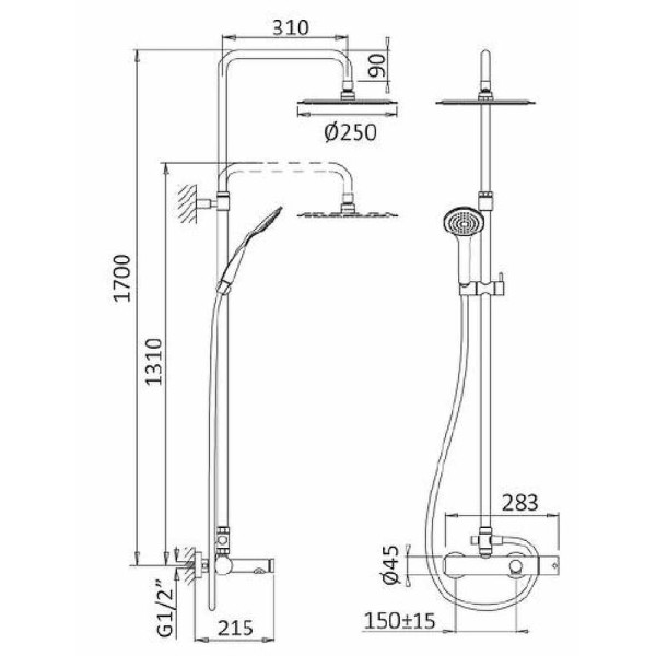 Душевая система CZR со смесителем для ванны, верхним и ручным душем, верхний душ 250 мм, черный матовый (CZR-B-CVD-NOP)