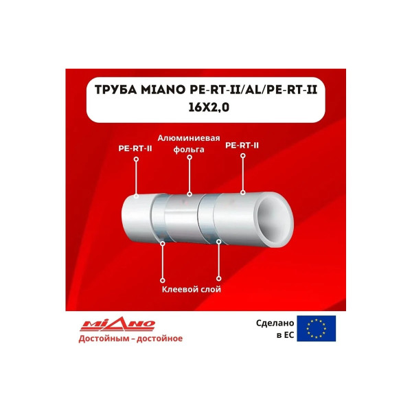 Труба металлопластиковая Miano PE-RT-II/AL/PE-RT-II16x2,0 Al 0,20 мм, бухта 200 м (MPEAL1620200)