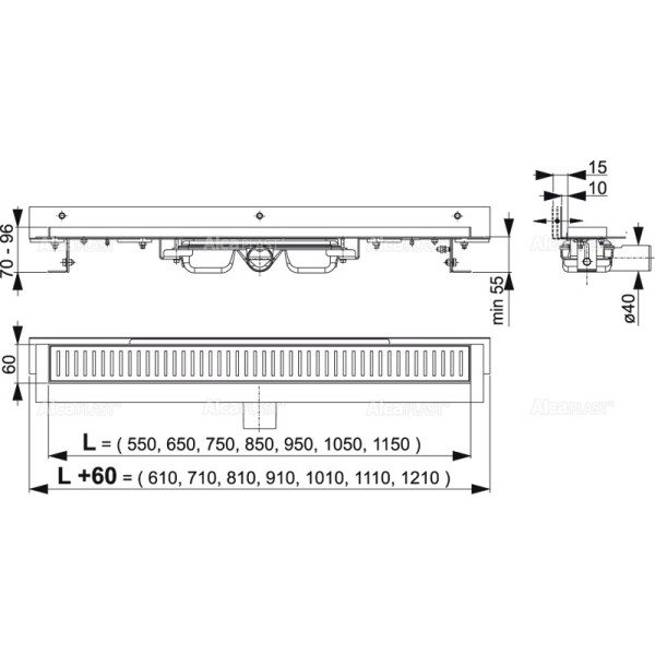 Лоток душевой AlcaPlast / AlcaDrain 1050 мм с порогами, без решетки, боковой слив D40, мокрый гидрозатвор (APZ104-1050) Лоток душевой AlcaPlast / AlcaDrain 1050 мм с порогами, без решетки, боковой слив D40, мокрый гидрозатвор (APZ104-1050)