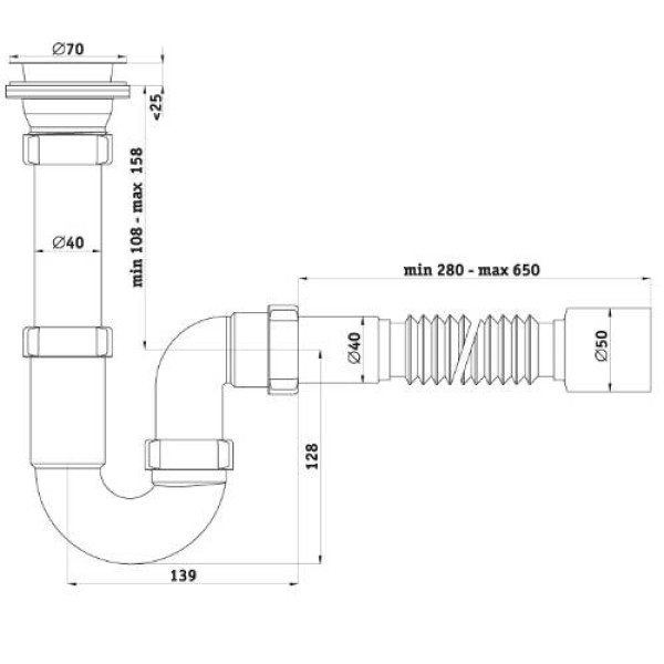 Сифон 40 мм. трубный АНИ с выпуском 1 1/2"*70 мм., с гибкой трубой 40*50 АНИ пласт (D0110)