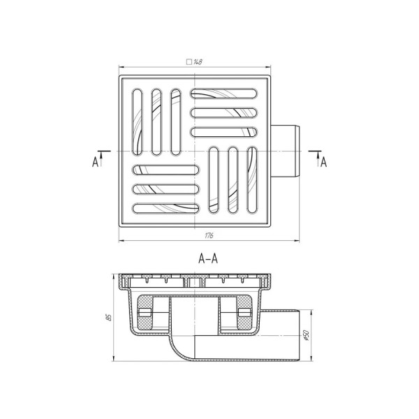 Трап горизонтальный 50 мм. (150*150) АНИ нерегулируемый, с сухим затвором (решетка пластик) АНИ пласт (TQ5110)