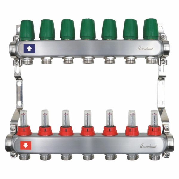 Коллекторная группа 7 отводов 1"х3/4"(евроконус) Arrowhead с расходомерами (нерж.сталь) (CS-500-07)