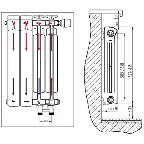 Радиатор биметаллический Rifar Monolit Ventil L 350 (12 секций, НП лев подкл. 50 мм.) (RM35012VL)