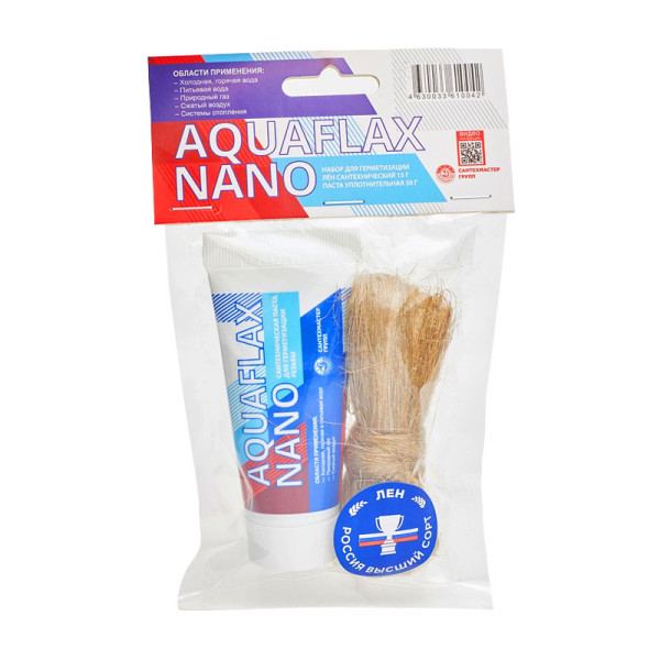 Набор для уплотнения резьбовых соединений Aquaflax nano, паста 30 гр. + лен 15 гр. Сантехмастергель (4630009040507)