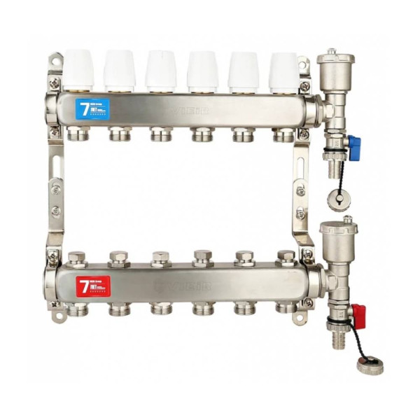 Коллекторная группа 6 отводов 1"*3/4"(18) ЕК с настроечными клапанами Vieir (с тройниками, нерж.ст) (VR115-06A)