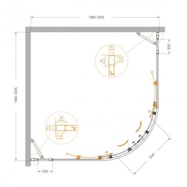 Душевой уголок Cezares Molveno 120x120x195 стекло прозрачное, профиль брашированное золото (MOLVENO-R-22-100+20-C-BORO-IV)