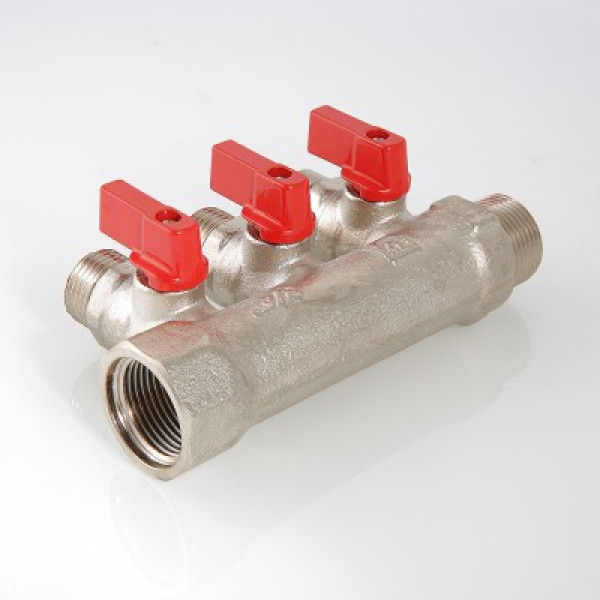 Коллектор 3 отв. с шар. клапанами 1"*1/2" Valtec (никель) красные ручки (VTc.580.N.0603) Коллектор 3 отв. с шар. клапанами 1"*1/2" Valtec (никель) красные ручки (VTc.580.N.0603)