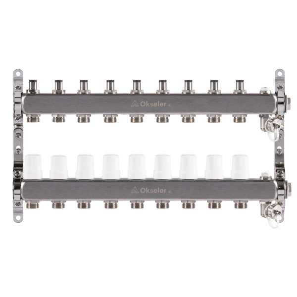 Коллекторная группа 9 отводов 1"*3/4"(18) ЕК с регулировочными клапанами Okseler (нерж.ст) с дренажным краном и краном Маевского (Oks00308)