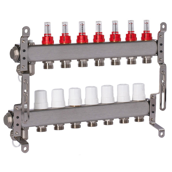 Коллекторная группа 7 отводов 1"*3/4"(18) ЕК с расходомерами Okseler (нерж.ст) с дренажным краном и краном Маевского (Oks00317)