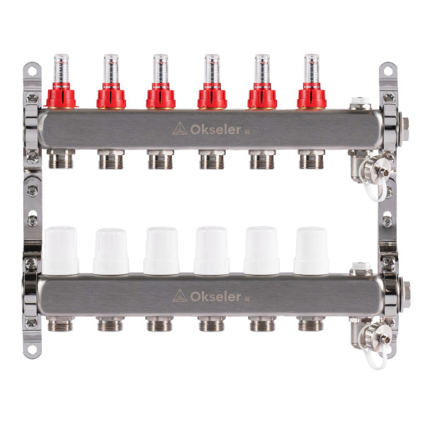 Коллекторная группа 6 отводов 1"*3/4"(18) ЕК с расходомерами Okseler (нерж.ст) с дренажным краном и краном Маевского (Oks00316)