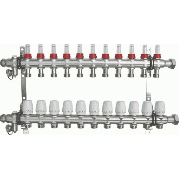 Коллекторная группа 11 отводов 1"*3/4"(18)EK с накидной гайкой и расходомерами TeRma (нерж.ст) (14264)