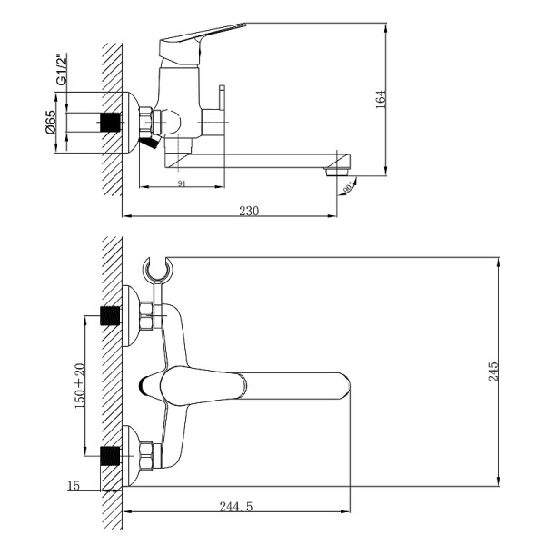 Смеситель для ванны и душа Lemark Partner хром, душевой шланг, душевая лейка, излив 200 мм (LM6513C)