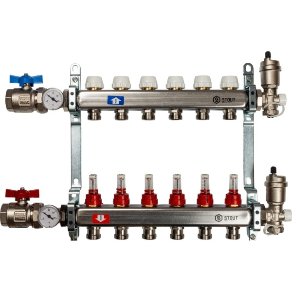 Коллекторная группа 6 отводов 1"x3/4"(18)EK в сборе с расходомерами Stout (нерж.сталь) (SMS-0907-000006)