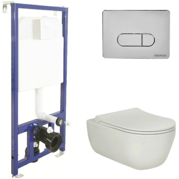 Комплект инсталляция с унитазом Berges Novum525 c с кнопкой D3 хром глянец, унитаз EGO XL Rimless, сиденье Toma Slim SO (043201)