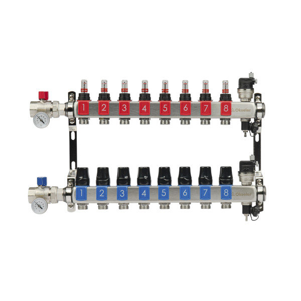 Коллекторная группа 8 отводов 1"*3/4"(18) ЕК с расходомерами Okseler (нерж.ст) с автоматическими воздухоотводчикоми и шаровыми кранами с термометрами