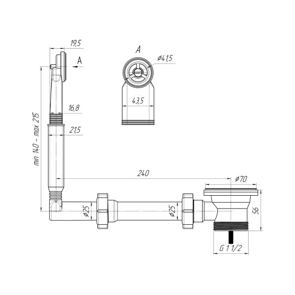 Выпуск для мойки 1 1/2"*70 АНИ с круглым жестким переливом (нержавеющая решетка) АНИ пласт (N120)