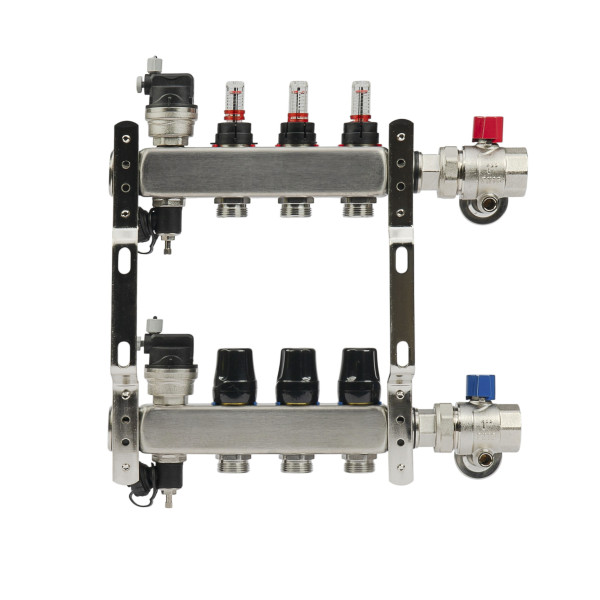 Коллекторная группа 3 отвода 1"*3/4"(18) ЕК с расходомерами Okseler (нерж.ст) с автоматическими воздухоотводчикоми и шаровыми кранами с термометрами (