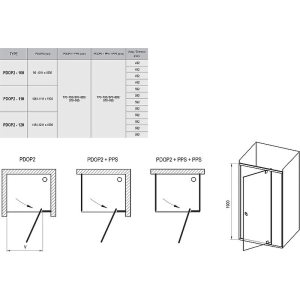 Дверь душевая Ravak Pivot PDOP2-10 100x190 стекло прозрачное, профиль черный (03GA030Z1)
