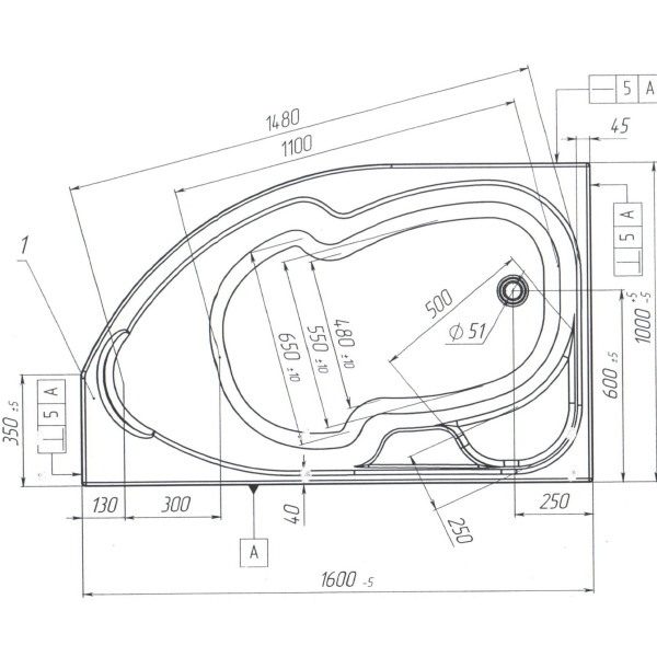 Ванна акриловая 1Marka Diana 160x100 левосторонняя белая (01ди1610л)