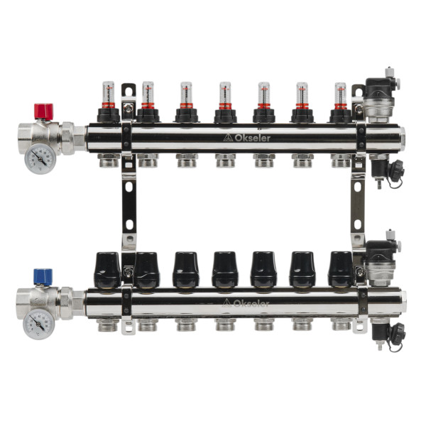Коллекторная группа 7 отводов 1"*3/4"(18) ЕК с расходомерами Okseler (латунь) с автоматическими воздухоотводчикоми и шаровыми кранами с термометрами (