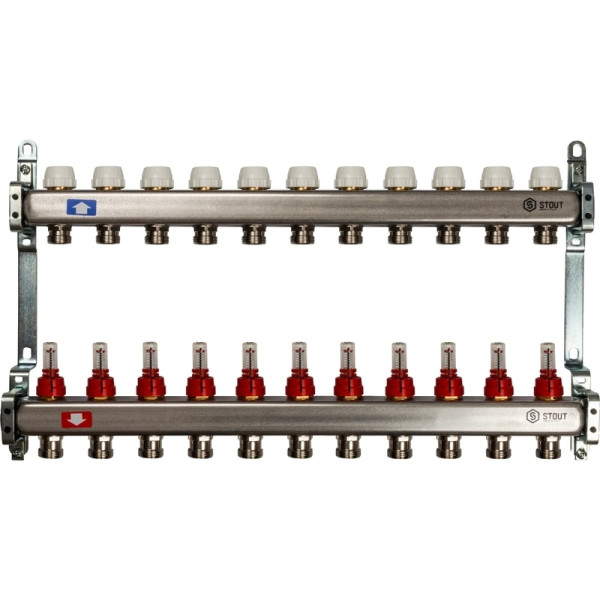 Коллекторная группа 11 отводов 1"x3/4"(18)EK с расходомерами Stout (нерж.сталь) (SMS-0917-000011)